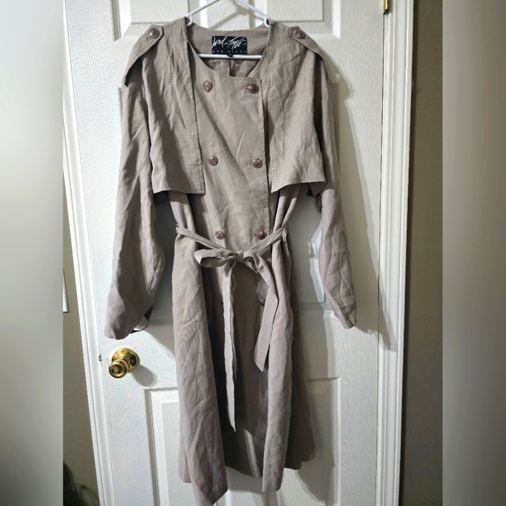Drapey Collarless Double-Breasted Long Belted Trench Coat, Lined, Relaxed Fit.